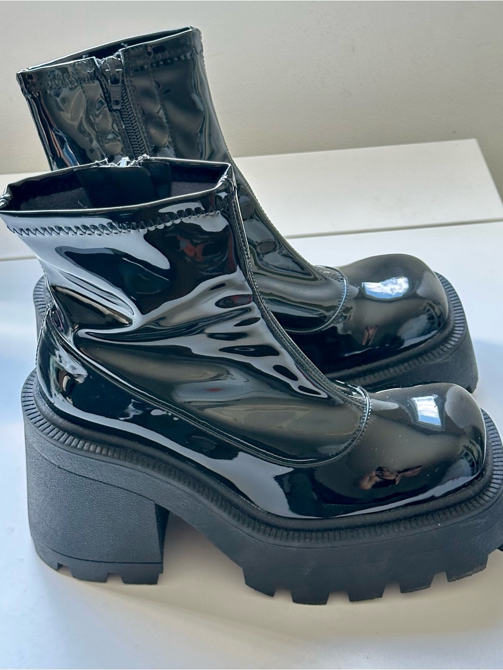 Women's Black Patent Chunky Platform Ankle Boots